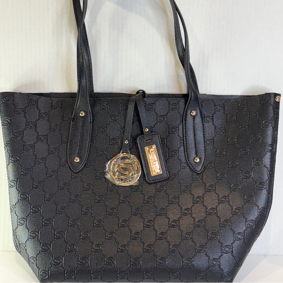 bebe Handbags - Bebe Embossed Black Logo Tote – Gold Charm & Saffiano Finish Chic